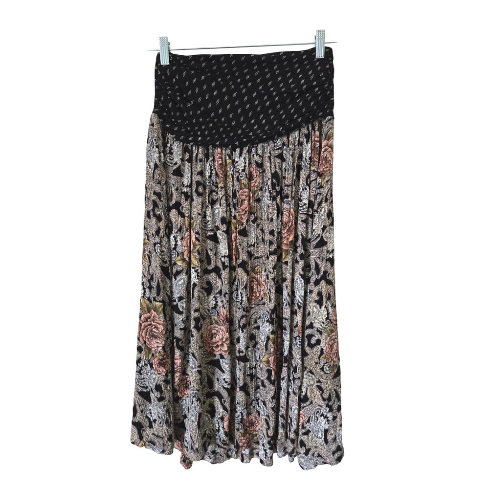 VINTAGE Melrose Womens M Floral Smocked Midi Skirt Boho Peasant Hippie Gypsy